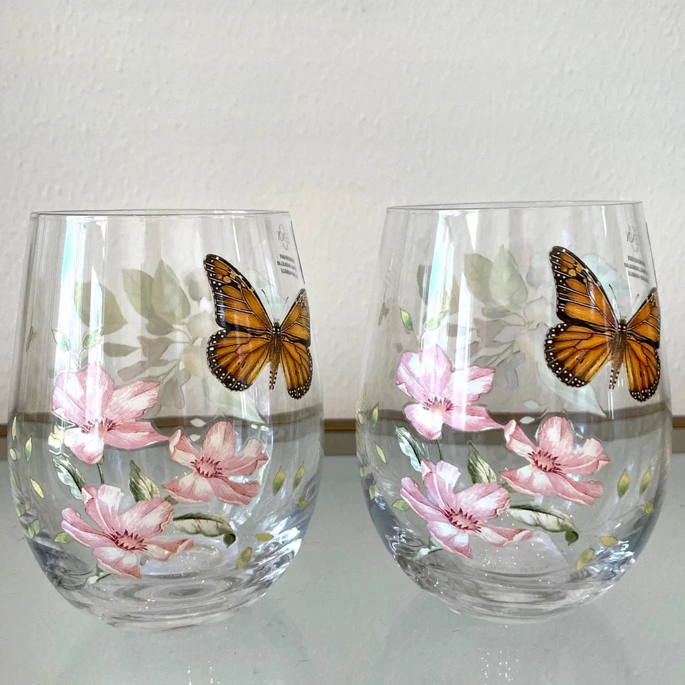 Lenox Butterfly Meadow Stemless Wine Glass Set of 2 Spring Floral Barware NEW